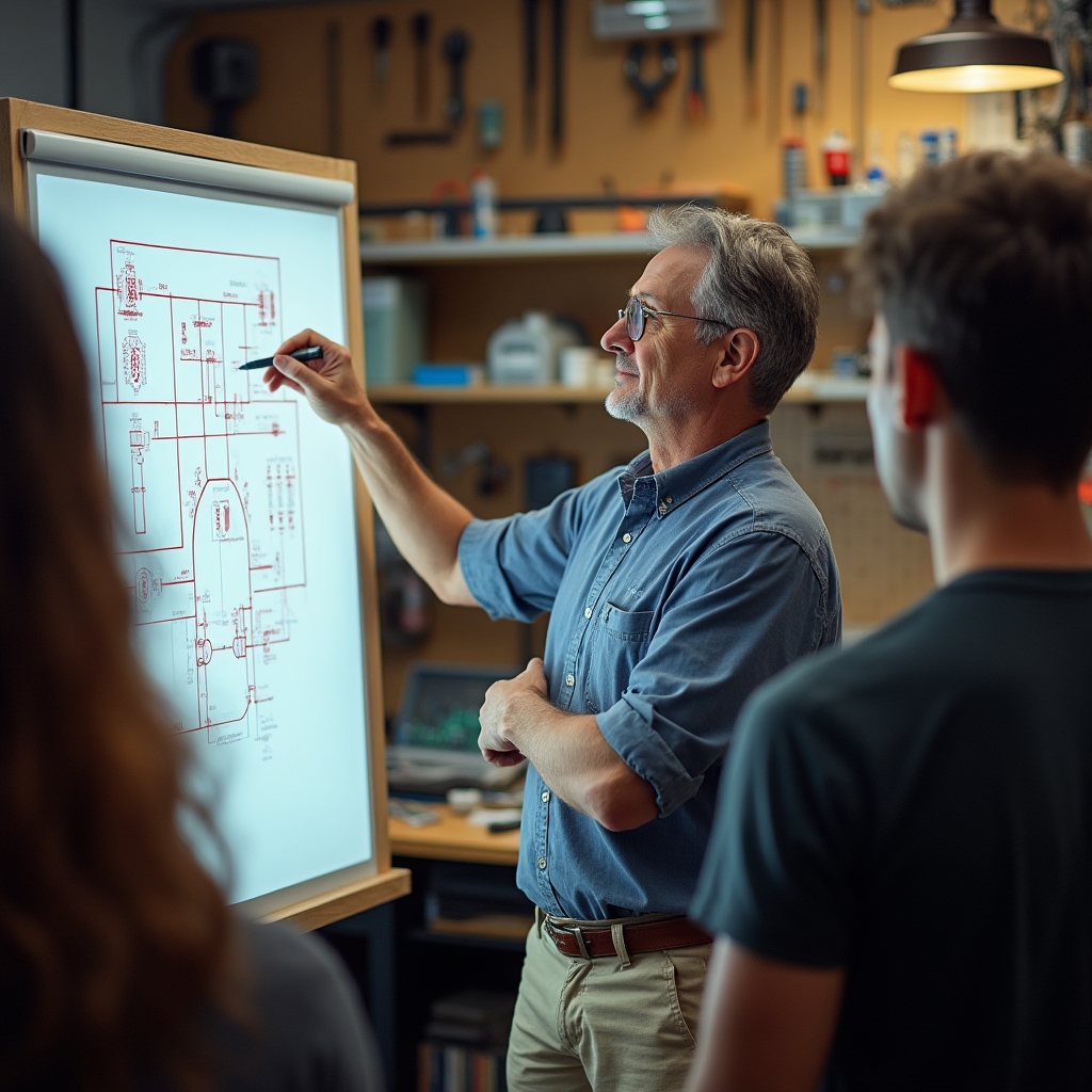 Instruktor przy tablicy wyjaśniający budowę obwodu elektronicznego grupie uczestników